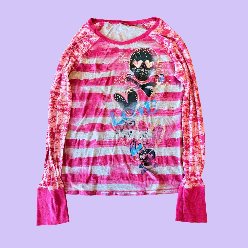 Y2K Justice Striped Skull Heart Rhinestone Raglan Long Sleeve Top Scene #18